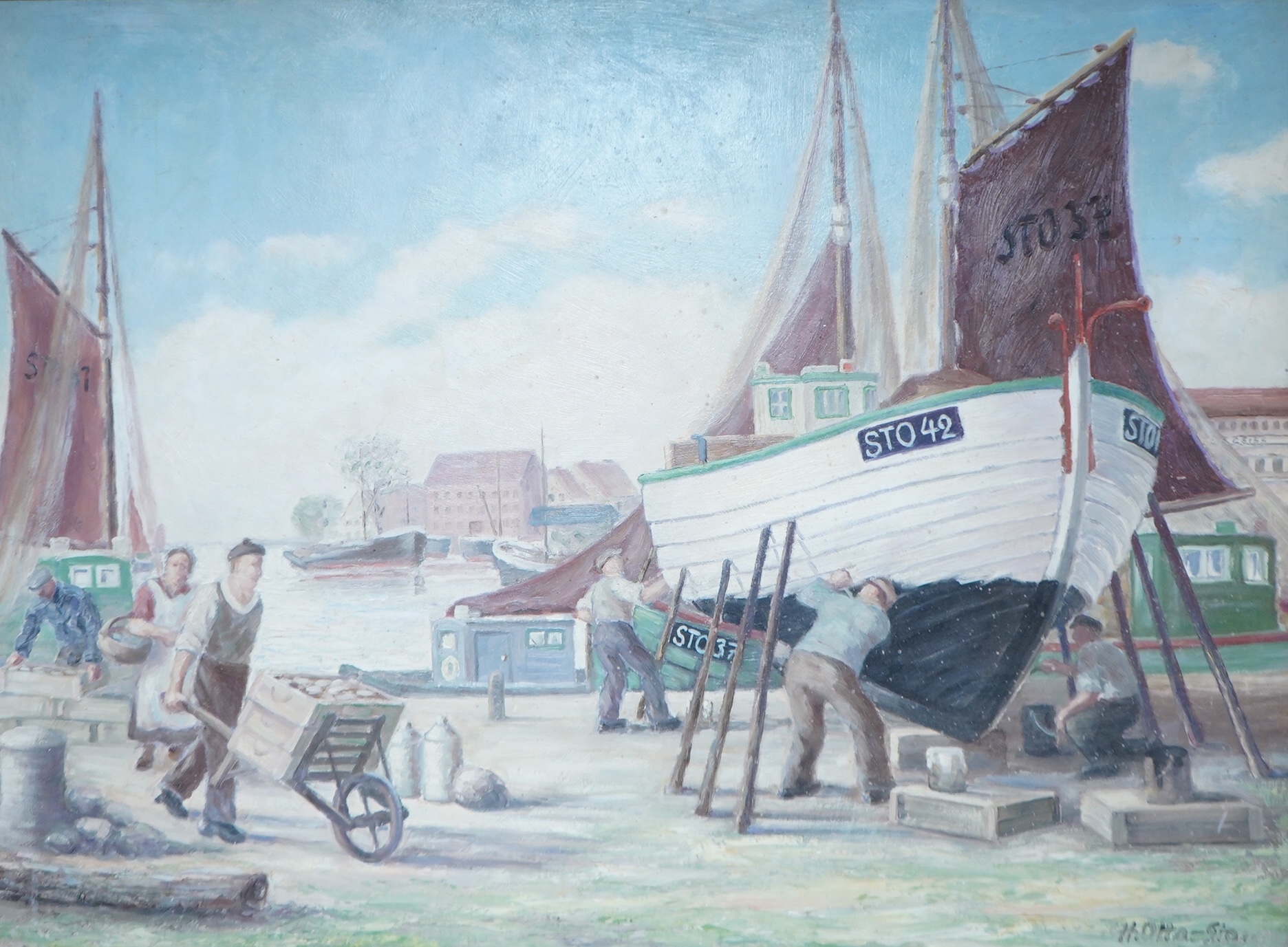 H Otto (German), Harbour scene with fishermen and boats, signed, oil on board, 53 x 72cm